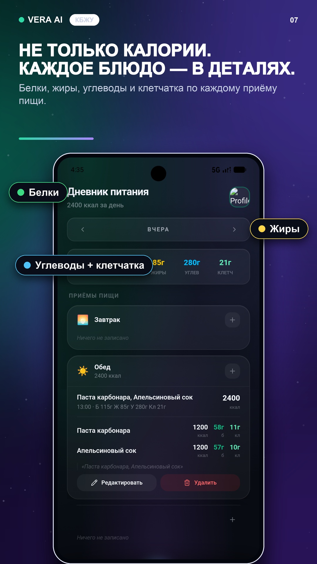 Разбор калорий и КБЖУ в Vera AI