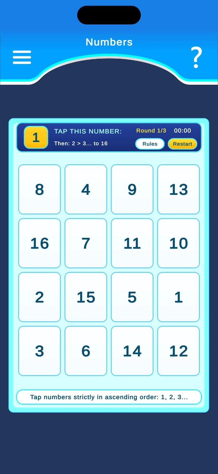 Numbers: a game board containing the numbers 1 to 16 · iPhone · 1.2.0